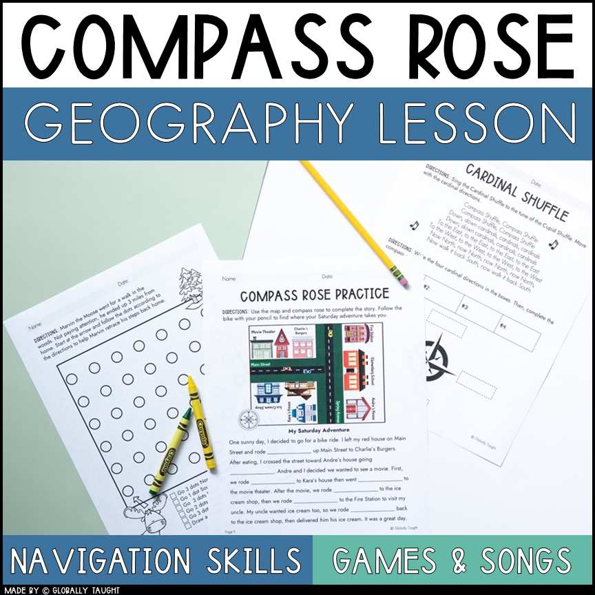 Compass Rose Geography Lesson by Globally Taught showing compass rose activities