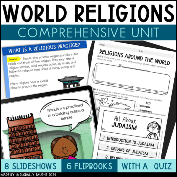 World Religions Unit by Globally Taught with digital slides, flipbooks, and activities