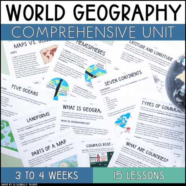 World Geography Unit by Globally Taught with 12 Geography Lessons for 2nd, 3rd, and 4th grade students.