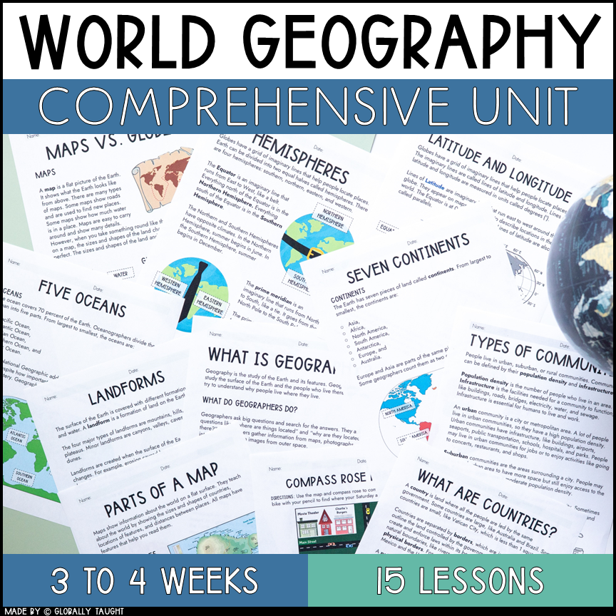 The Ultimate Guide to Teaching about World Geography 4 World Geography Unit by Globally Taught with 12 Geography Lessons for 2nd, 3rd, and 4th grade students.