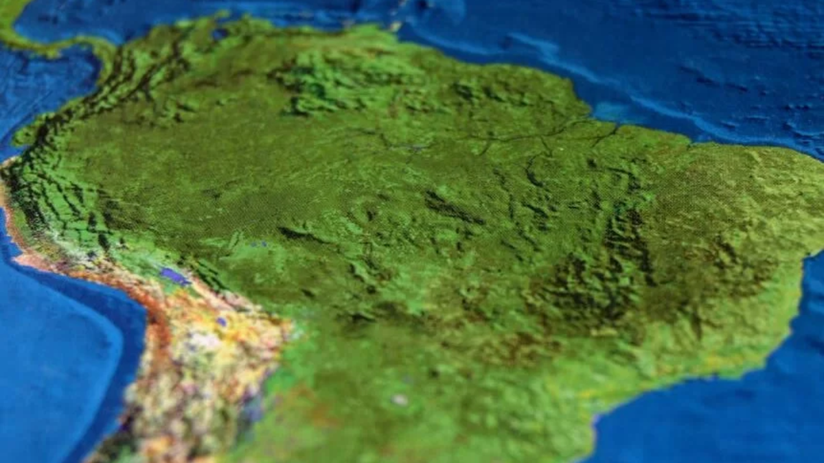 Image of the northern half of South America surrounded by the oceans