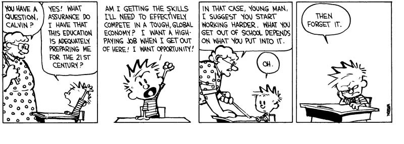 Comic from Calvin and Hobbes 
Teacher: You have a question, Calvin? 
Calvin: Yes! What assurance do I have that this education is adequately preparing me for the 21st century?
Am I getting the skills I'll need to effectively compete in a tough, global economy? I want a high-paying job when I get out of here! I want opportunity!
Teacher: In that case, young man, I suggest you start working harder. What you get out of school depends on what you put into it. 
Calvin looking grumpy: Oh. Then forget it.  